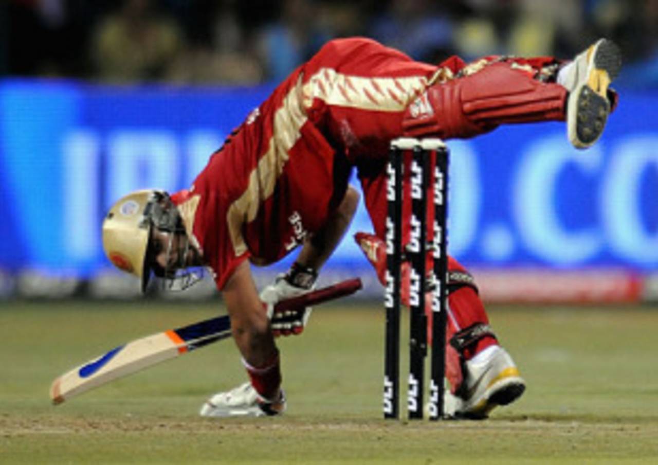 Virat Kohli nearly falls over his stumps, Royal Challengers Bangalore v Deccan Chargers, IPL, Bangalore, April 8, 2010