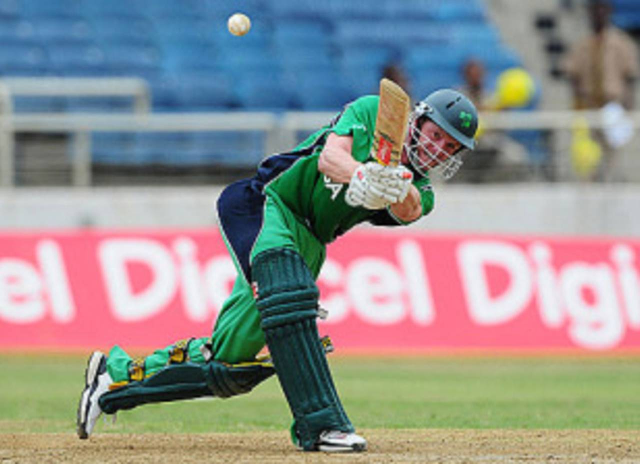 Niall O'Brien goes over the top during his 49, West Indies v Ireland, only ODI, Kingston, April 15, 2010