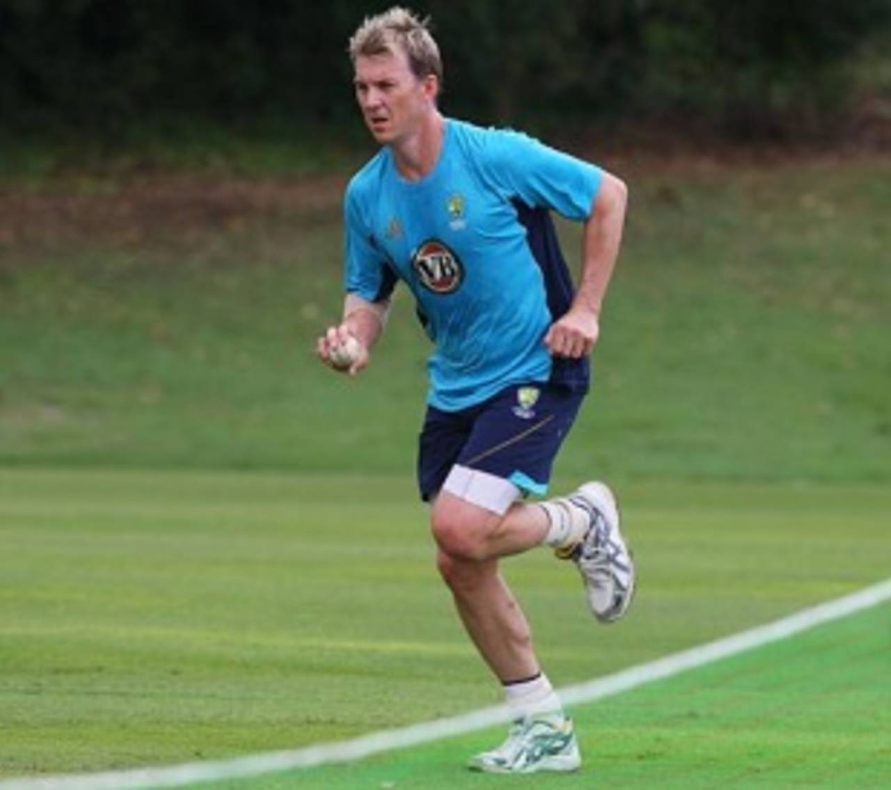 Brett Lee runs in to bowl at a practice session, Brisbane, April 22, 2010