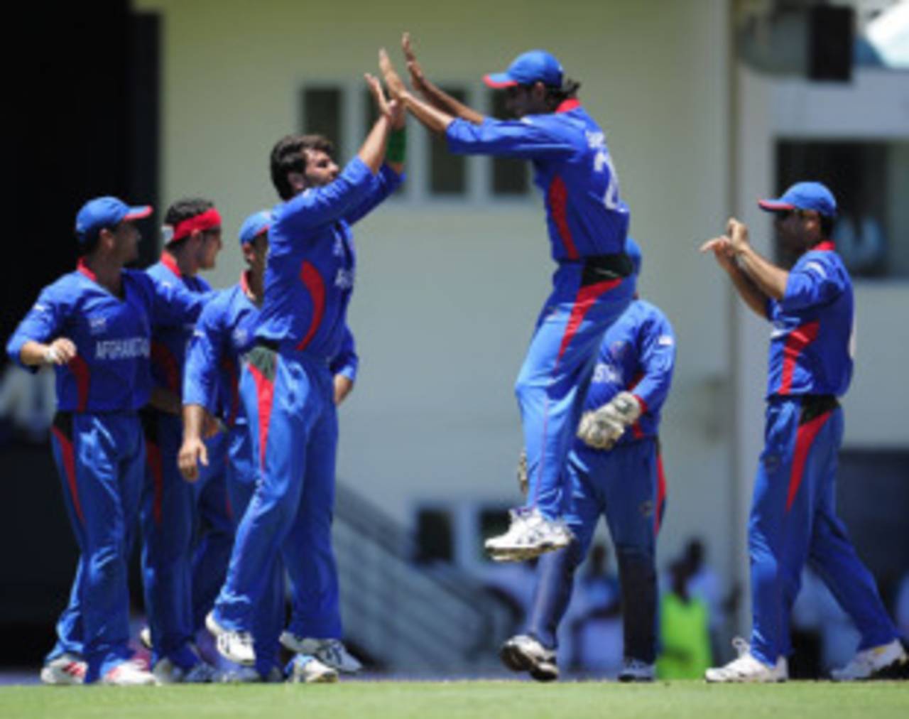 Dawlat Ahmadzai celebrates the dismissal of Gautam Gambhir with his team-mates, Afghanistan v India, World Twenty20, Gros Islet, May 1, 2010
