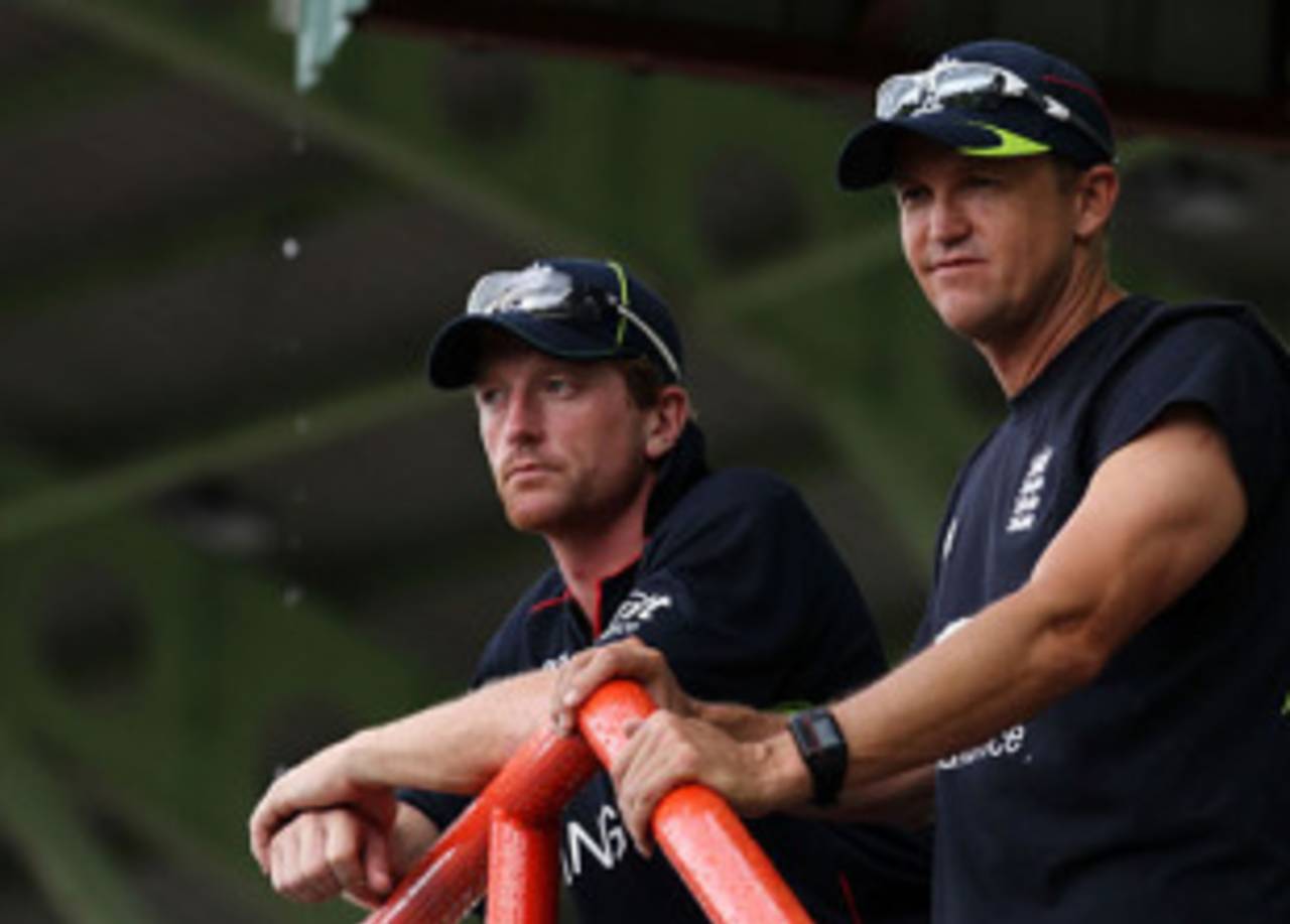 Andy Flower and Paul Collingwood were frustrated as the Duckworth/Lewis calculation left West Indies with an easy target&nbsp;&nbsp;&bull;&nbsp;&nbsp;Getty Images
