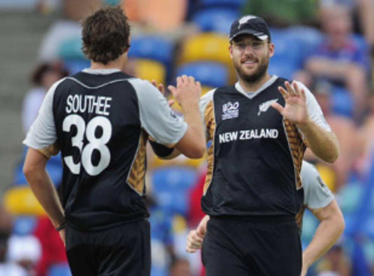Daniel Vettori and Tim Southee celebrate the fall of Graeme Smith, New Zealand v South Africa, Group E, Bridgetown, May 6, 2010

