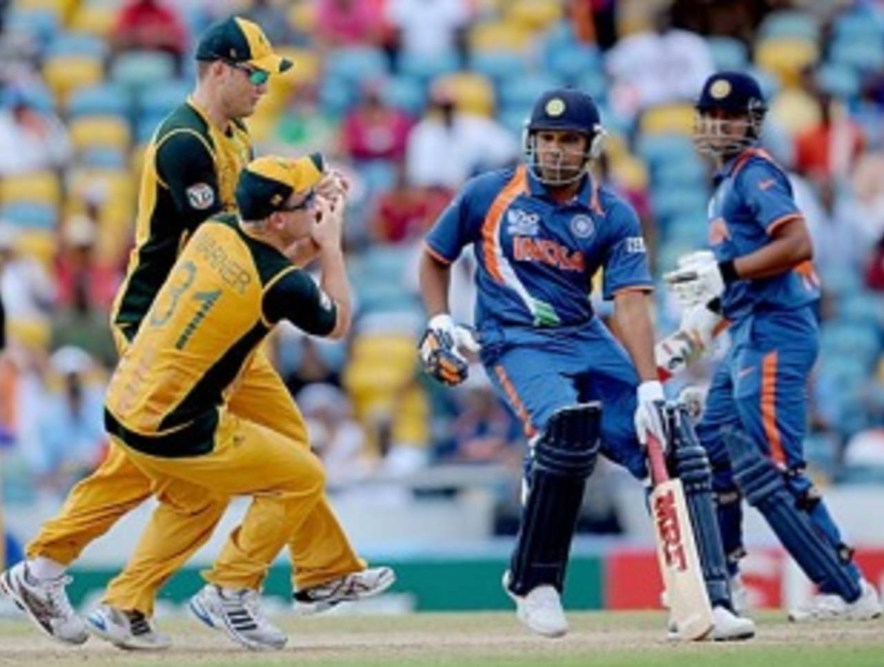 Michael Clarke and David Warner collide while going for Suresh Raina's catch, Australia v India, Super Eights, ICC World Twenty20, Bridgetown, May 7, 2010