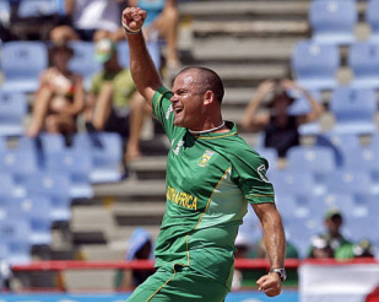 Charl Langeveldt celebrates one of his four wickets, Pakistan v South Africa, Super Eights, ICC World Twenty20, St Lucia, May 10, 2010