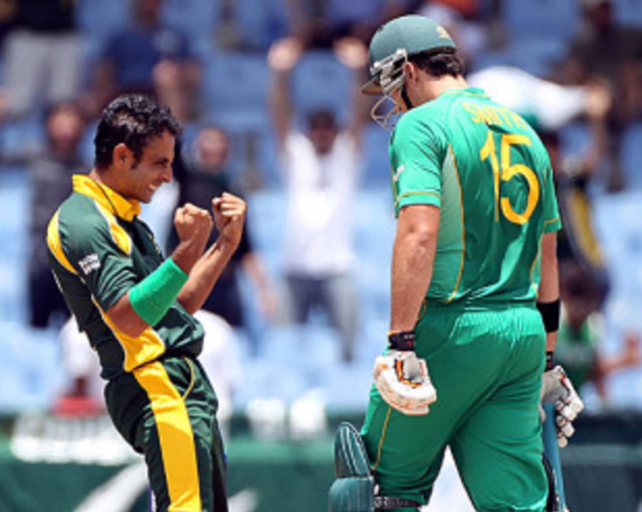 Abdur Rehman is elated after getting rid of Graeme Smith, Pakistan v South Africa, Super Eights, ICC World Twenty20, St Lucia, May 10, 2010