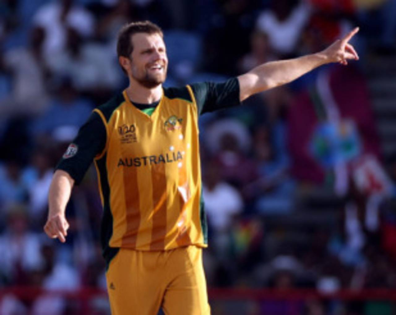 Dirk Nannes celebrates the early wicket of Chris Gayle, West Indies v Australia, World Twenty20, Super Eights, Group F, St Lucia, May 11, 2010