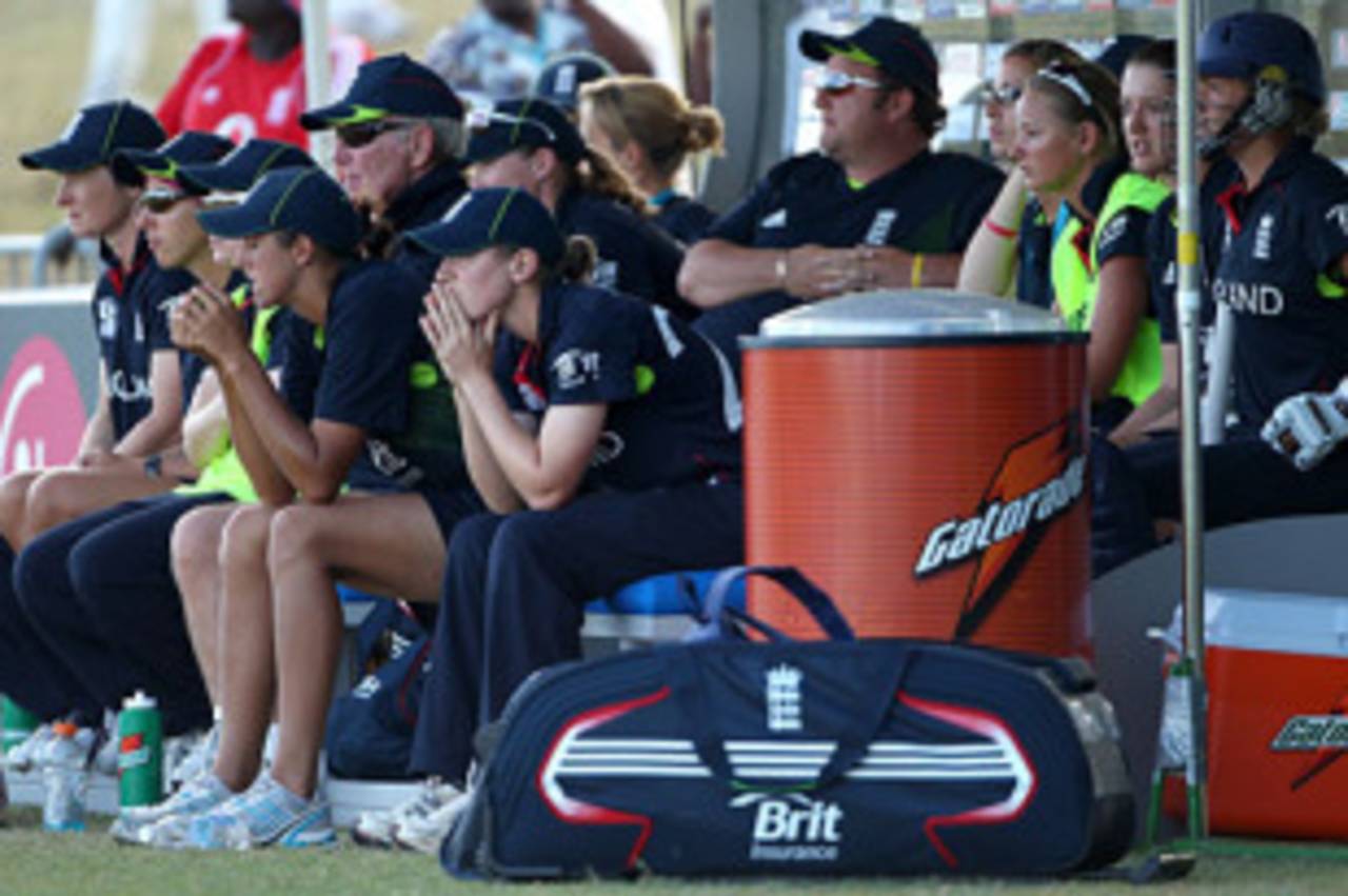 England women look out of the dugout, West Indies v England, Women's World Twenty20, St Kitts, May 7, 2010