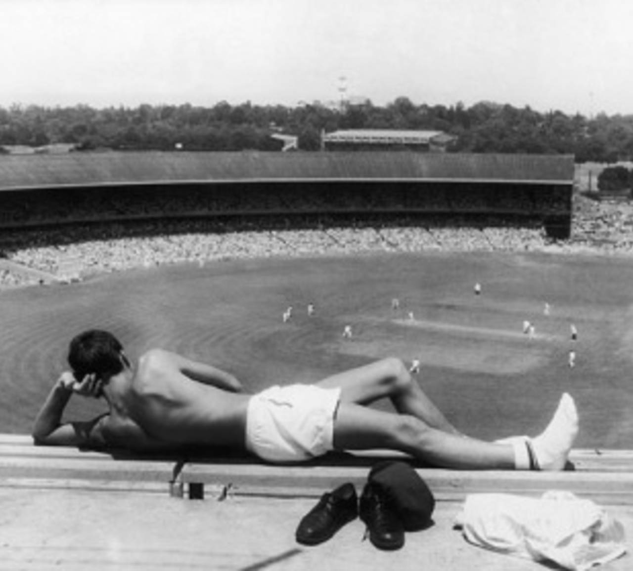 A fan watches the day's play from the top deck of the northern stand, Australia v West Indies, 2nd Test, MCG, January 3, 1961