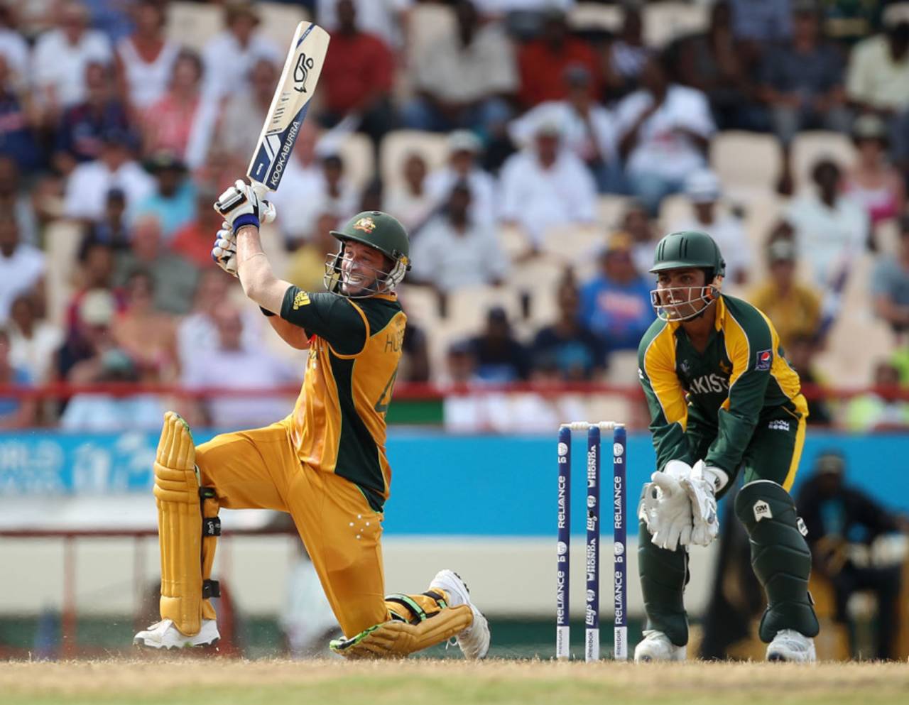 With 17 needed off the last five balls, Michael Hussey hit 6,6,4 and 6 to seal a famous win&nbsp;&nbsp;&bull;&nbsp;&nbsp;Clive Rose/Getty Images