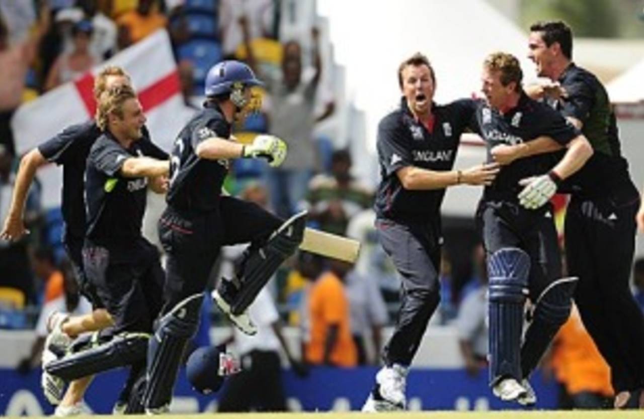 England players rush to celebrate with Eoin Morgan and Paul Collingwood after the title was won, England v Australia, ICC World Twenty20 final, Barbados, May 16, 2010