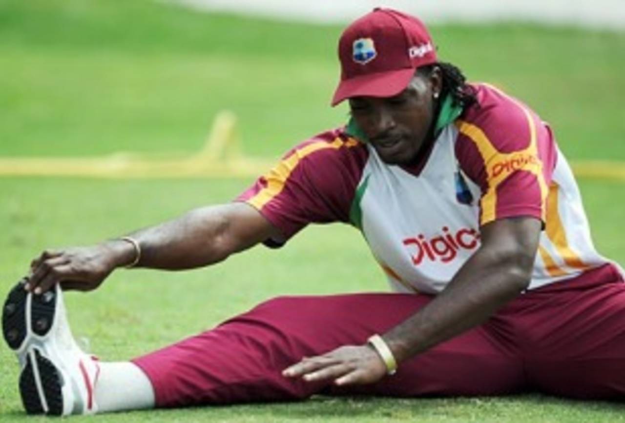 Chris Gayle stretches, Antigua, May 18 2010