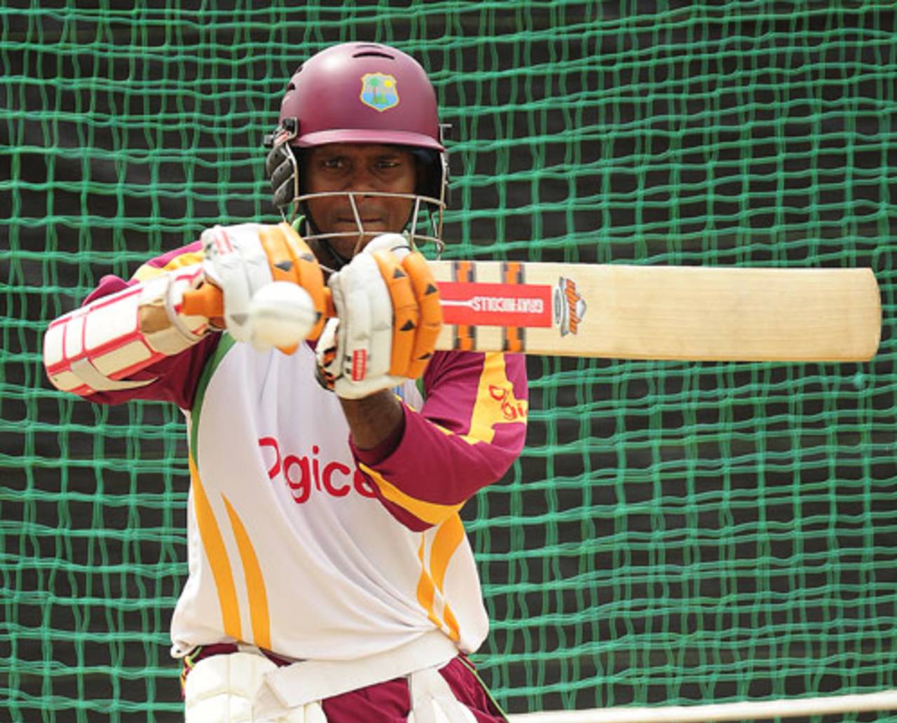 Shivnarine Chanderpaul plays the pull shot during nets, Roseau, May 27, 2010