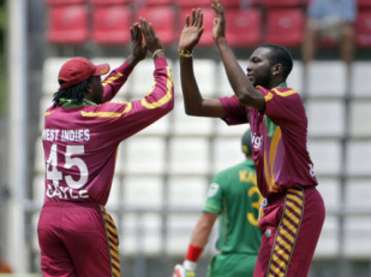 Chris Gayle and Sulieman Benn celebrate the wicket of Jacques Kallis, West Indies v South Africa, 3rd ODI, Dominica, May 28, 2010