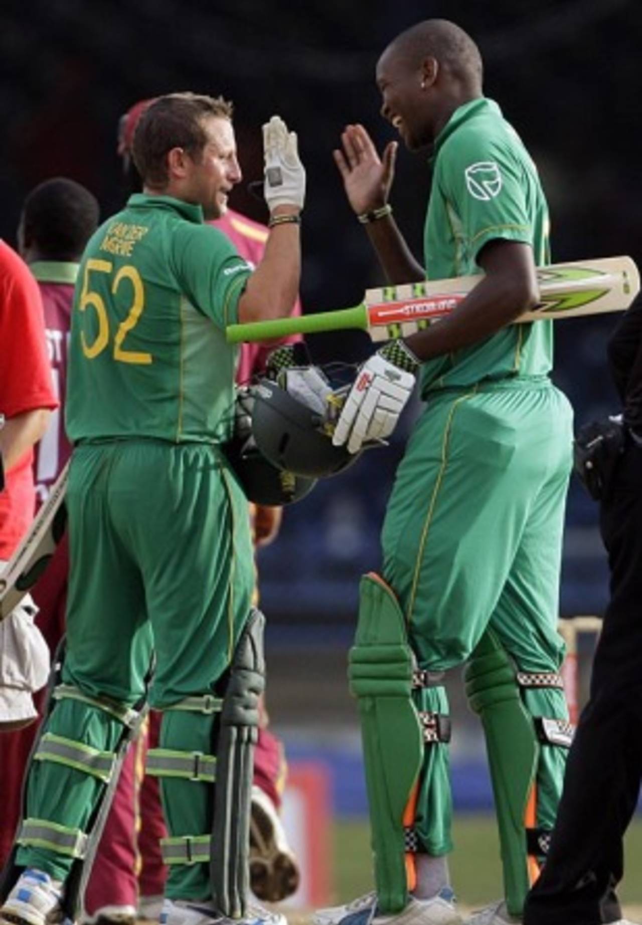 Lonwabo Tsotsobe and Roelof van der Merwe celebrate victory, West Indies v South Africa, 5th ODI, Port of Spain, Trinidad, June 3, 2010
