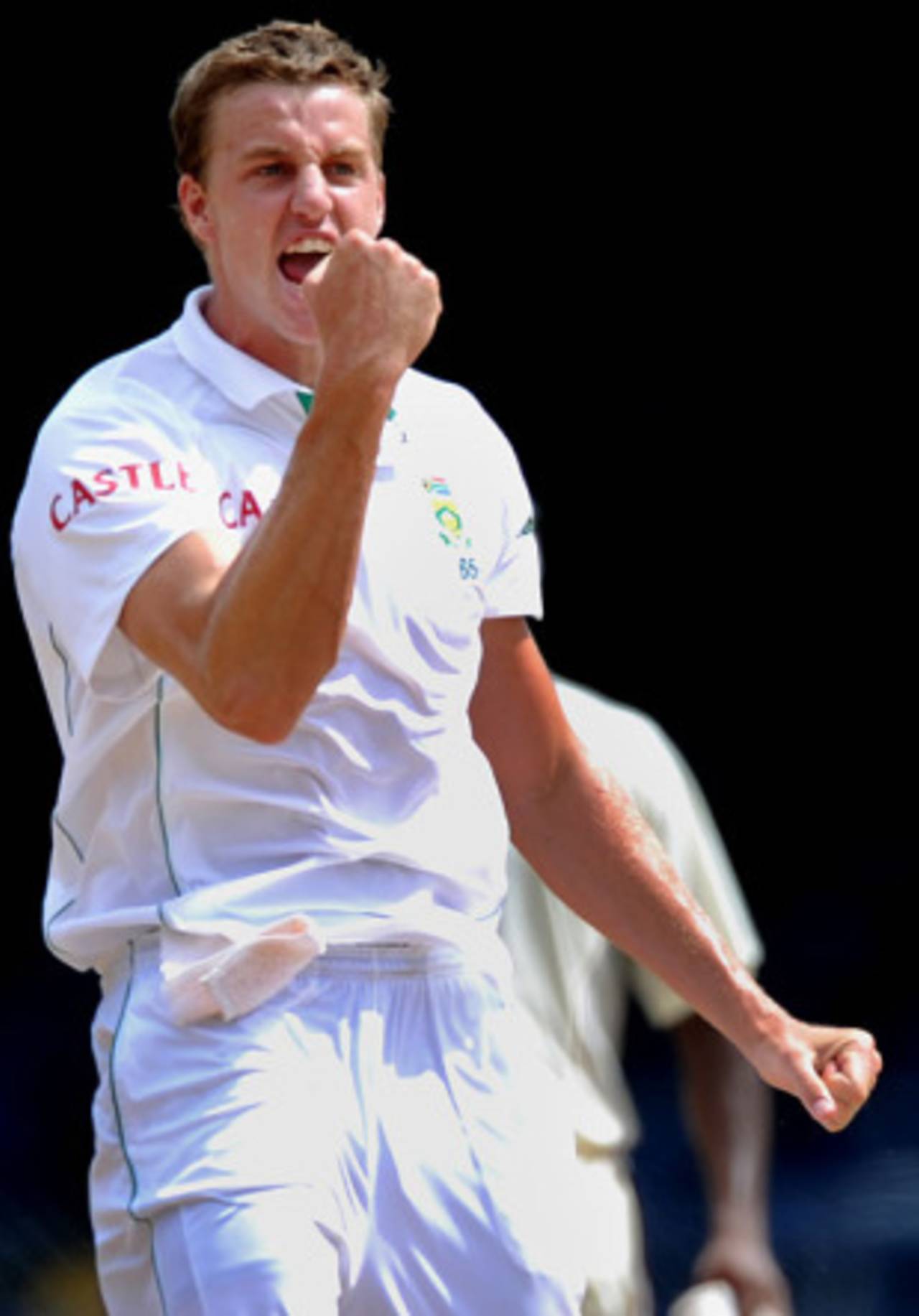 Morne Morkel celebrates after claiming the crucial wicket of Chris Gayle for the second time in the match, West Indies v South Africa, 1st Test, Trinidad, 4th day, June 13, 2010