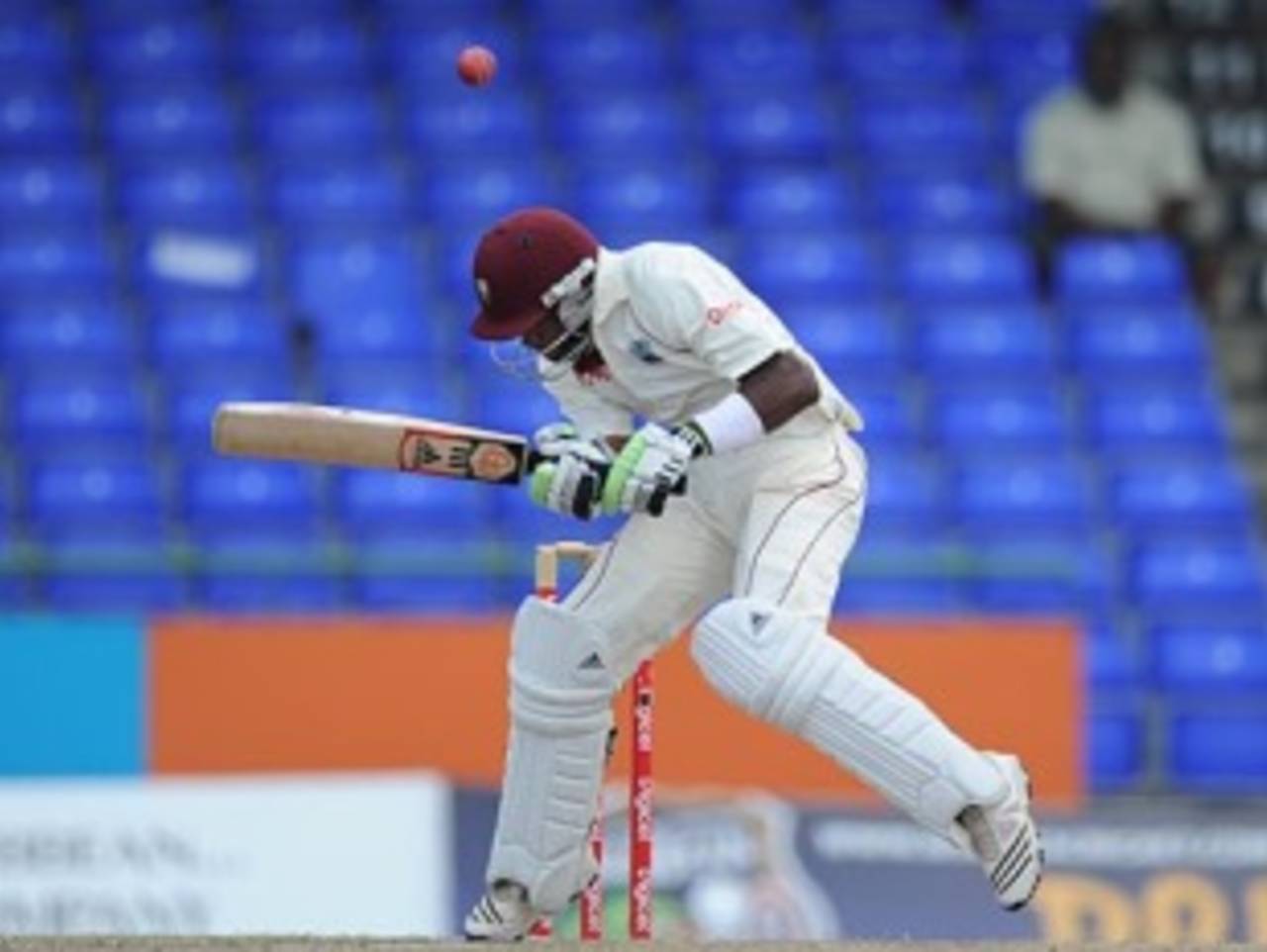 Dwayne Bravo ducks under a bouncer, West Indies v South Africa, 2nd Test, St Kitts, 4th day, June 20, 2010