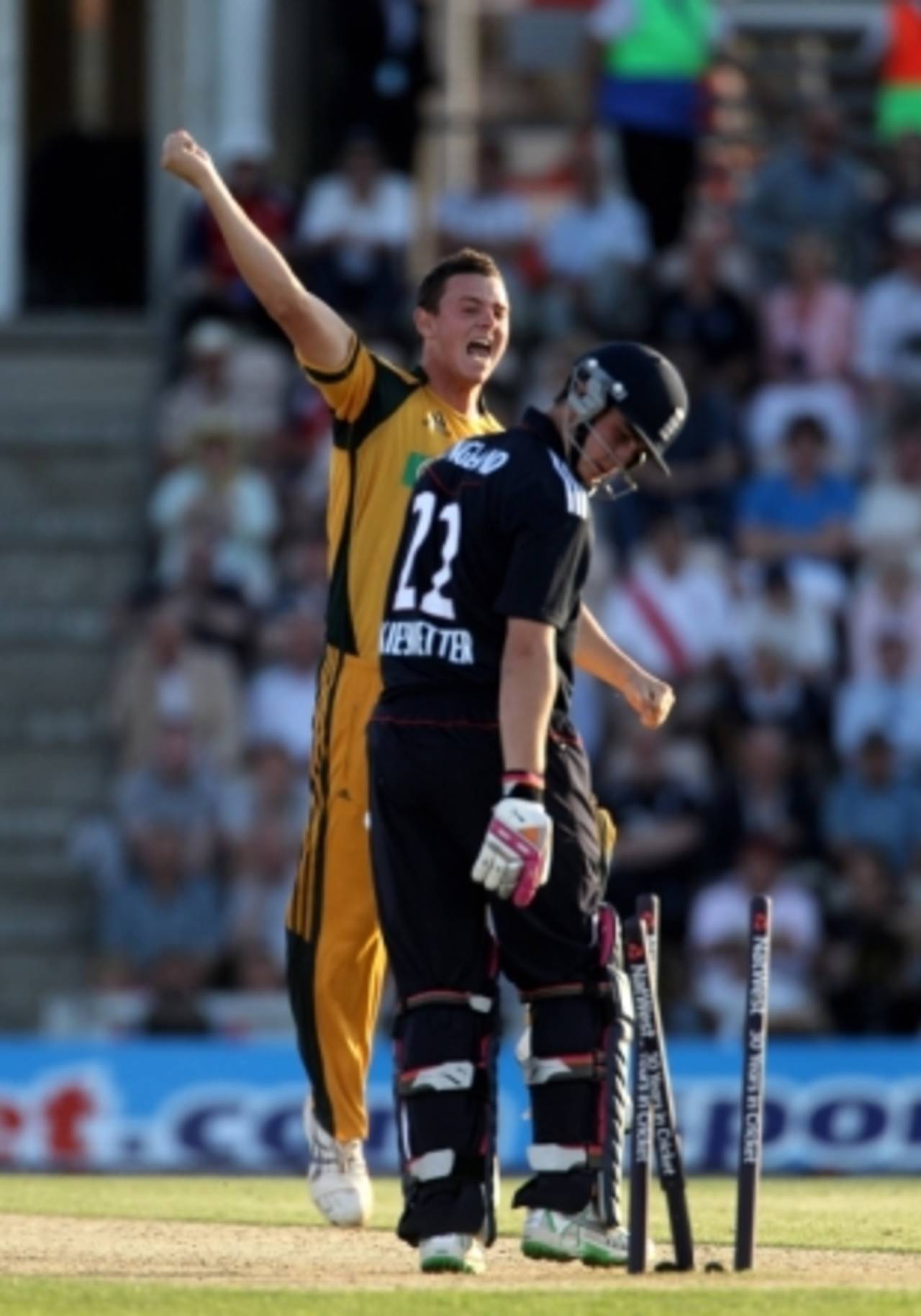 The new Steven Finn? Lanky Josh Hazlewood celebrates his first wicket on a promising ODI debut&nbsp;&nbsp;&bull;&nbsp;&nbsp;Getty Images