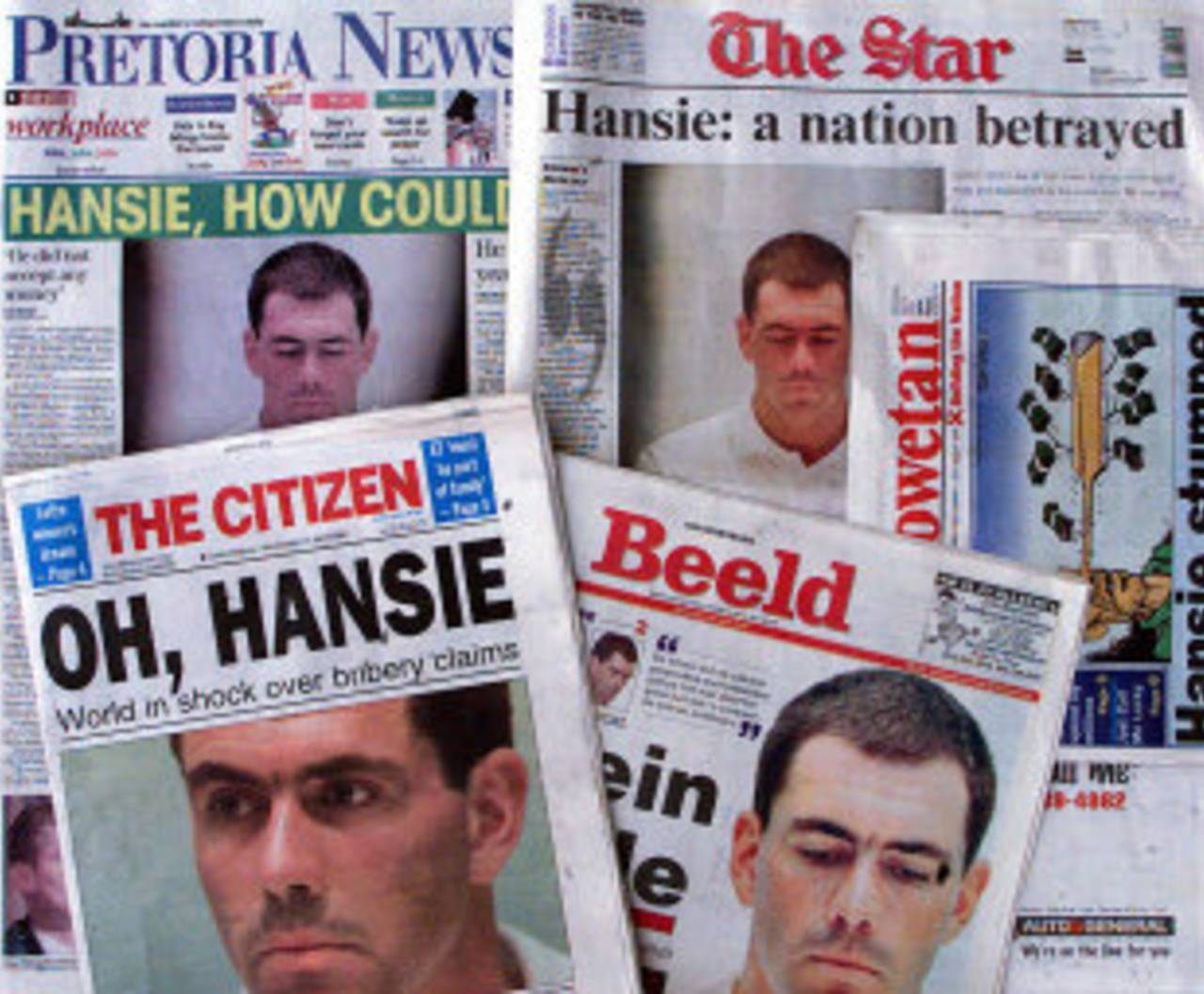 A collage of newspaper headlines about Hansie Cronje's match-fixign confession, Johannesburg, South Africa, 12 April 2000