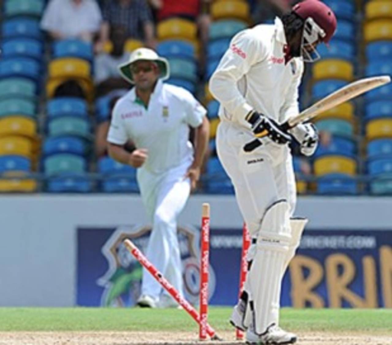 Chris Gayle was bowled by Dale Steyn, West Indies v South Africa, 3rd Test, Barbados, 1st day, June 26, 2010