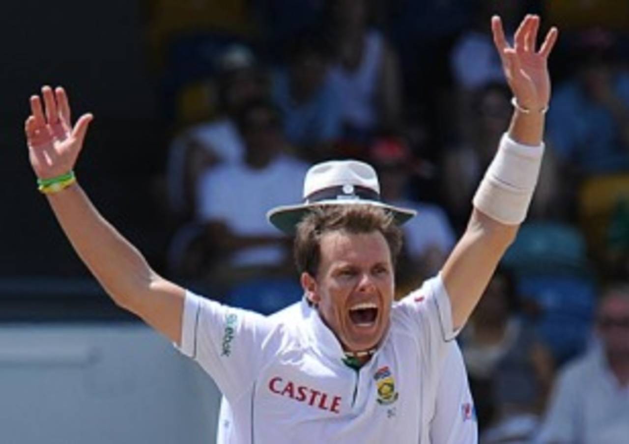 Johan Botha celebrates a wicket, West Indies v South Africa, 3rd Test, Barbados, 1st day, June 26, 2010