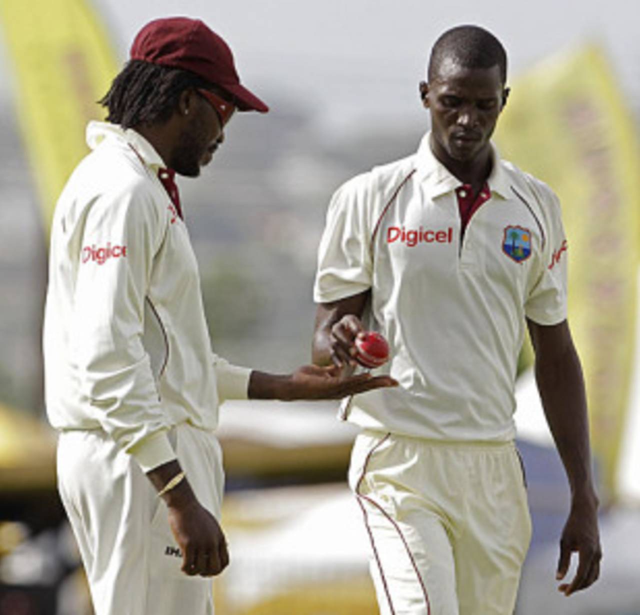 Chis Gayle with rookie fast bowler Brandon Bess, West Indies v South Africa, 3rd Test, Barbados, 2nd day, June 27, 2010