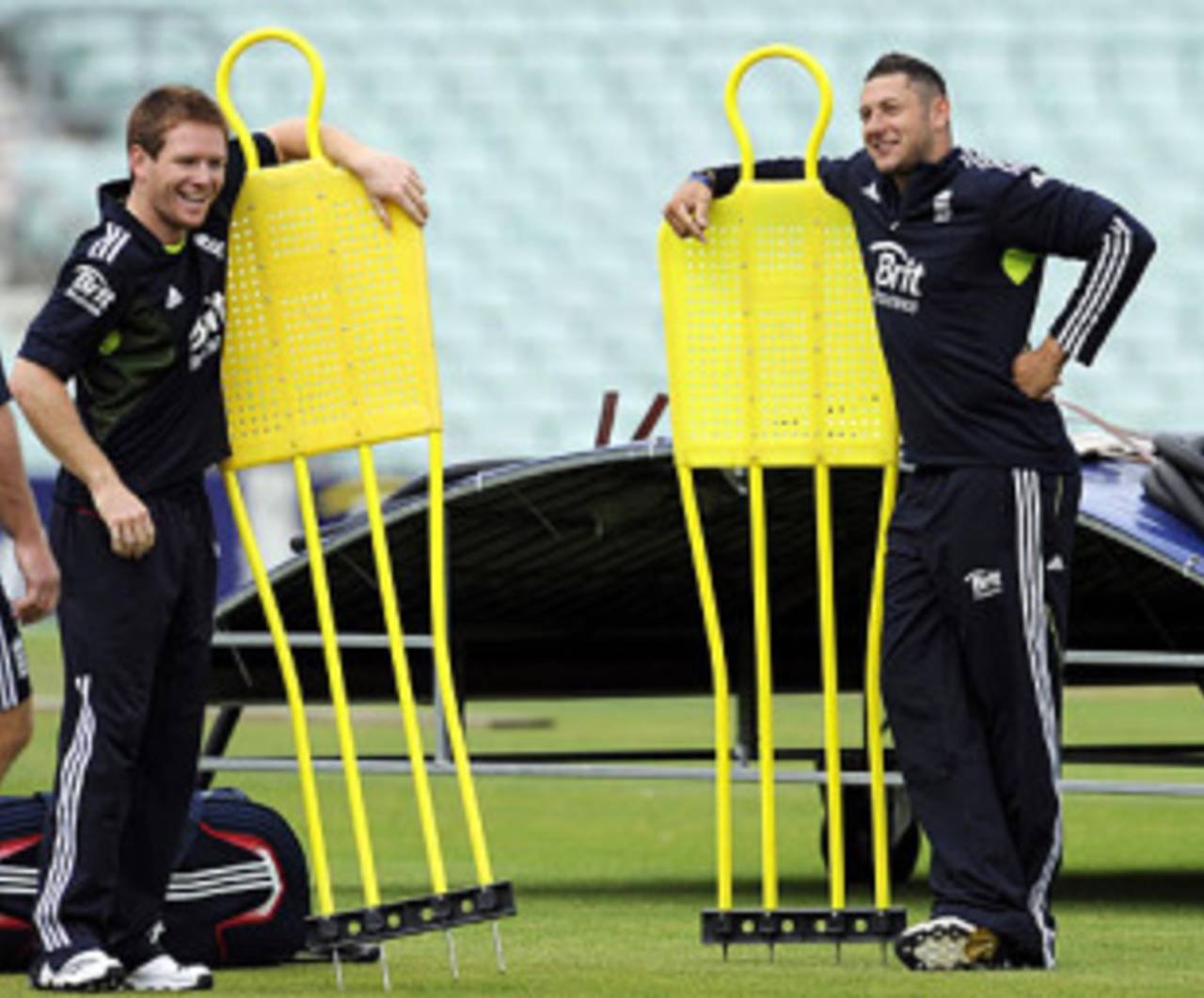 Eoin Morgan and Tim Bresnan share a laugh during the nets session, The Oval, June 29, 2010