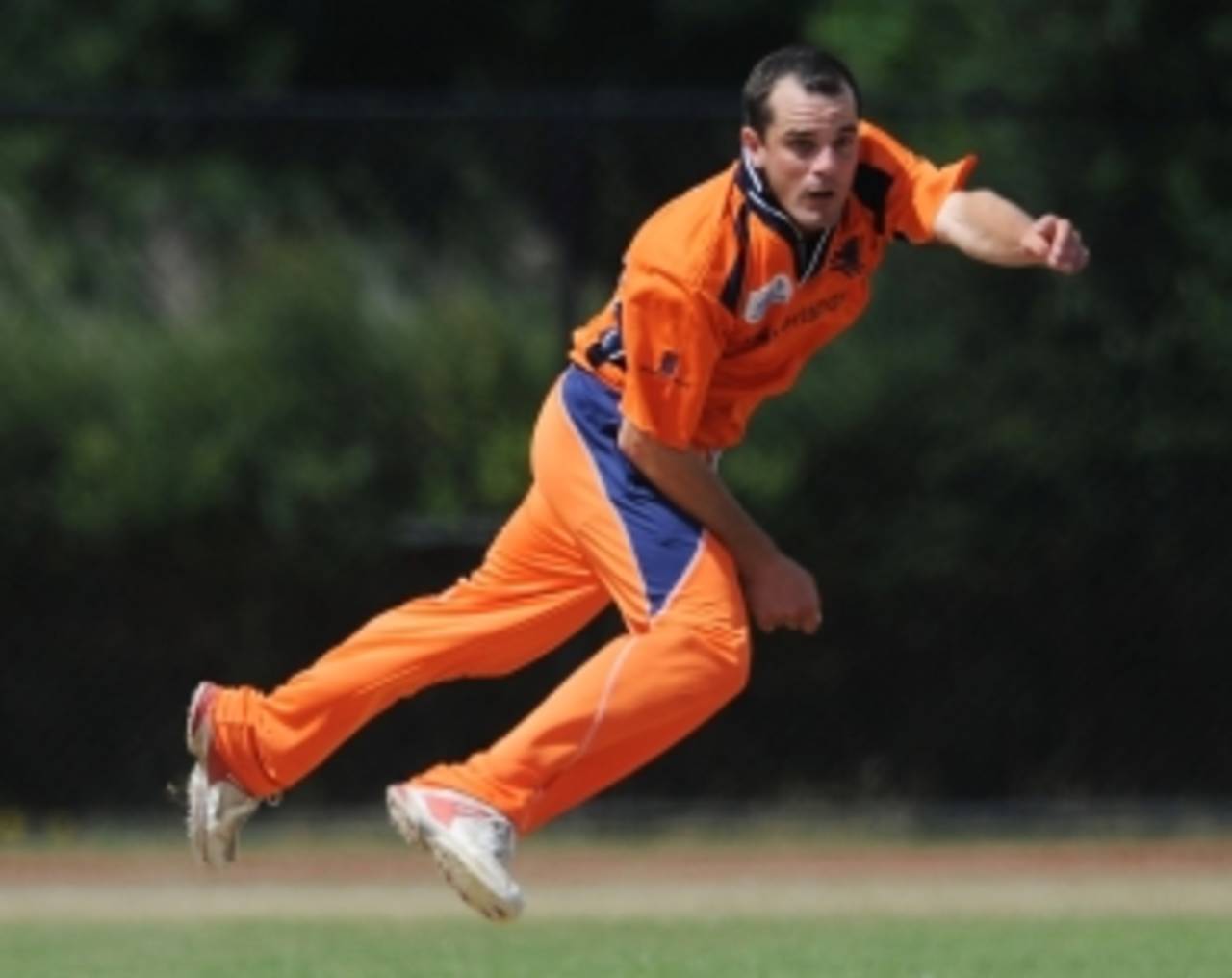 Peter Borren in his follow through after delivering a ball against Canada, Netherlands v Canada, ICC WCL Division 1, Rotterdam, July 5 2010