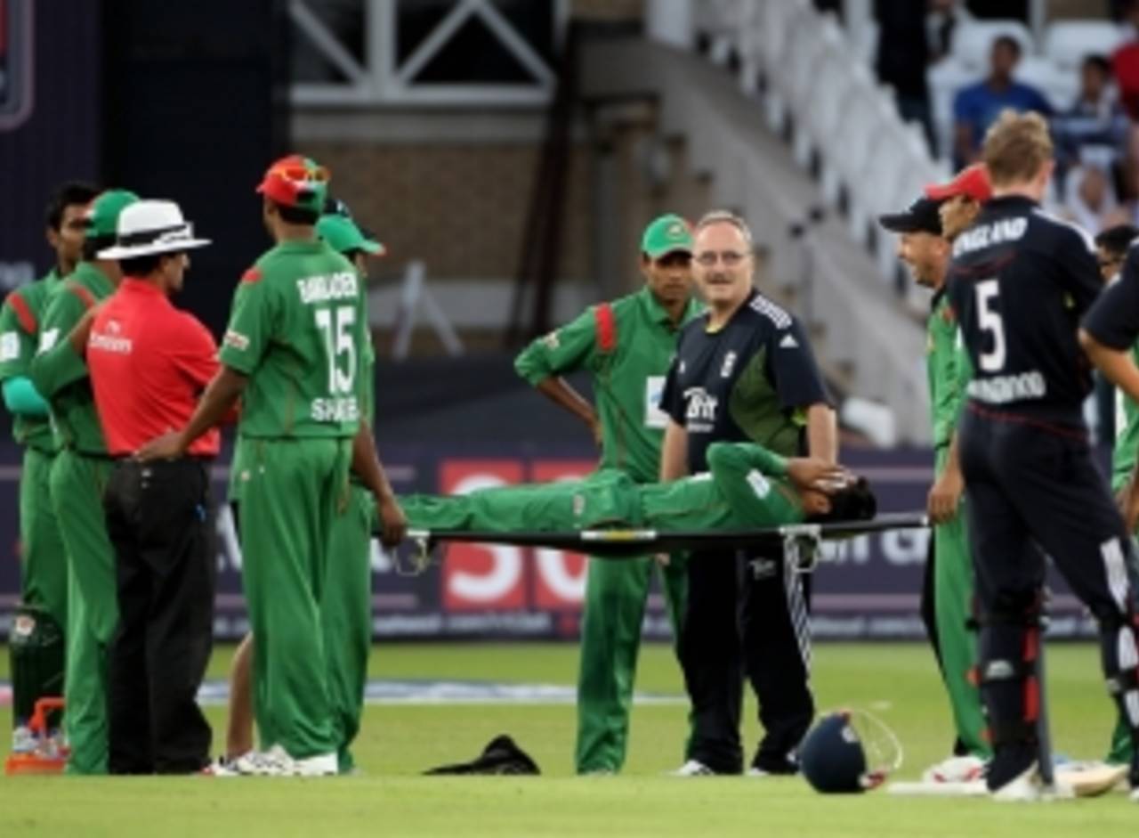 Mushfiqur Rahim had to be stretchered from the field after being struck in the face by the ball, England v Bangldesh, 1st ODI, Trent Bridge, July 8, 2010
