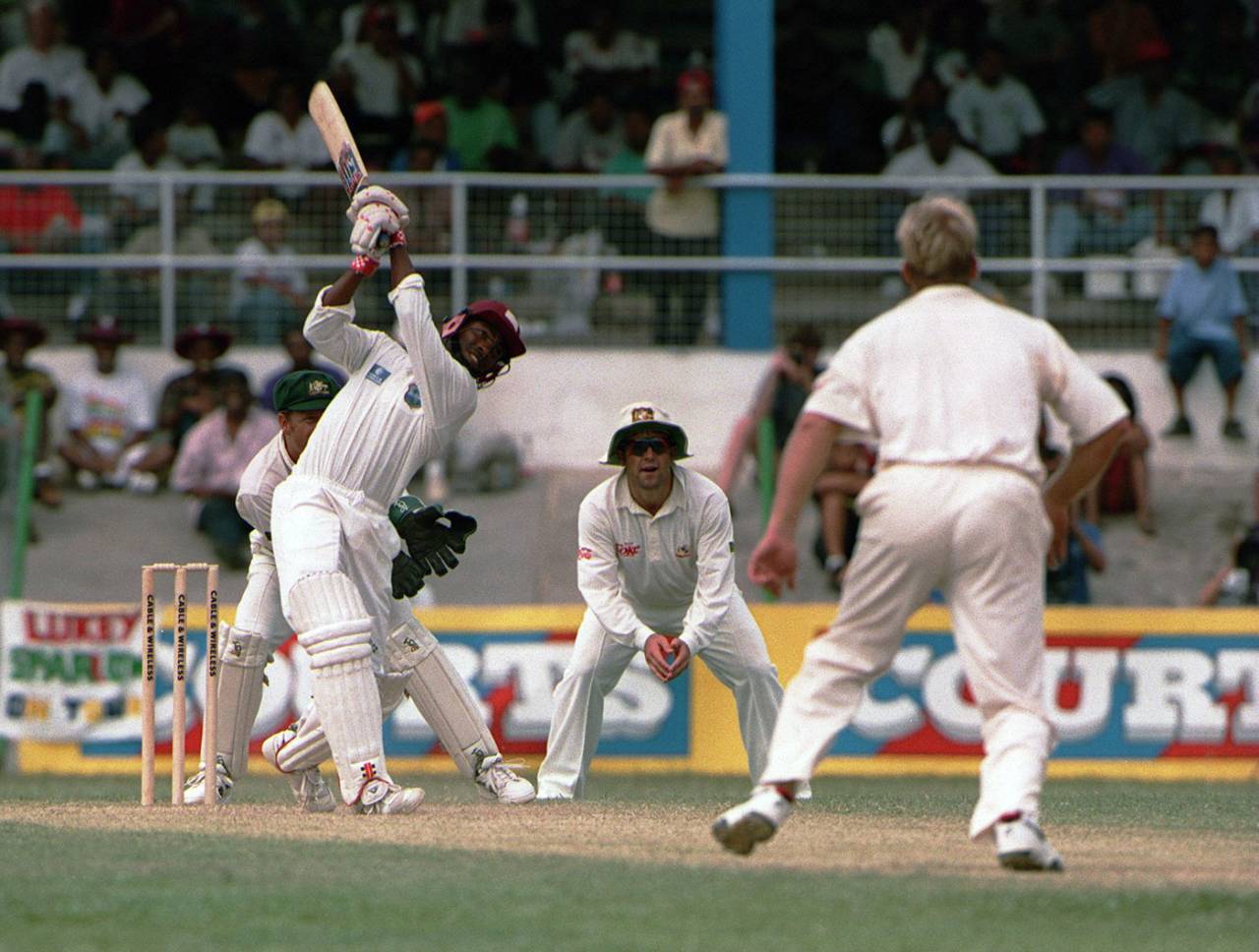Brian Lara hits Shane Warne over long-off, West Indies v Australia, 3rd Test, Trinidad, 3rd day, April 23, 1995