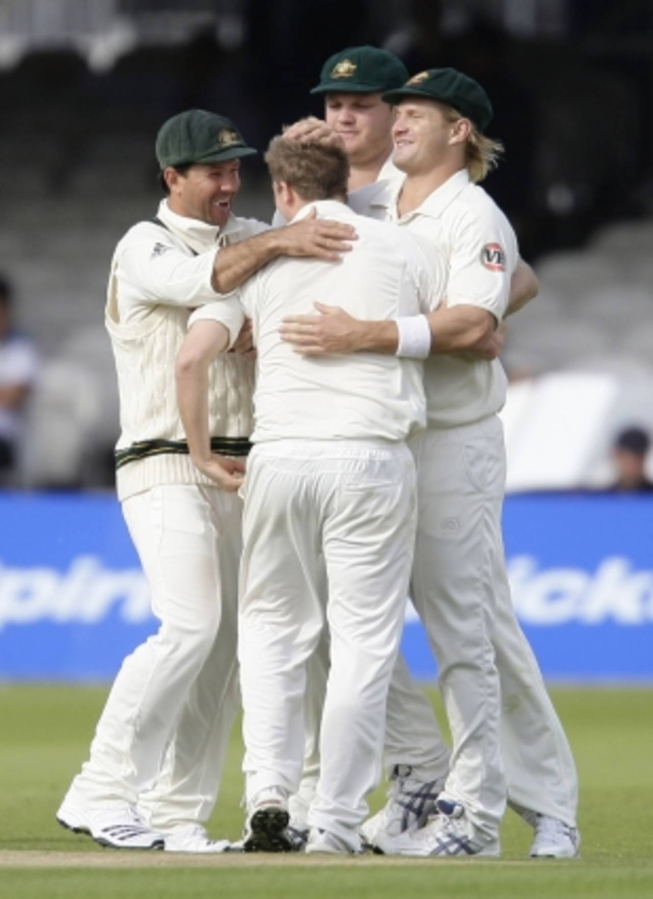 Steven Smith is mobbed by his team-mates after picking up his first wicket in Test cricket, Pakistan v Australia, 1st Test, Lord's, July 15, 2010