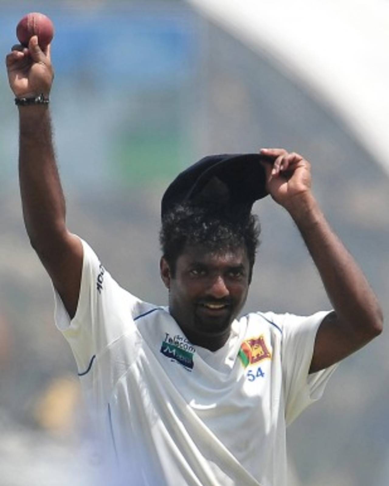 Muttiah Muralitharan celebrates his five-for, Sri Lanka v India, 1st Test, Galle, 4th day, July 21, 2010