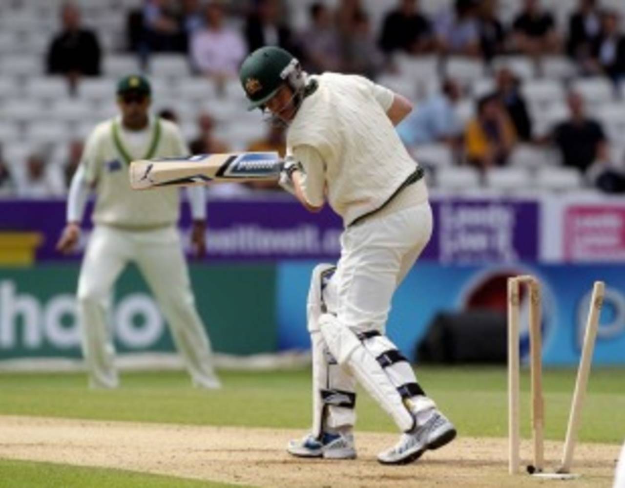 Marcus North inside-edges onto his leg stump as Australia collapse on the third morning, Pakistan v Australia, 2nd Test, Headingley, July 23 2010