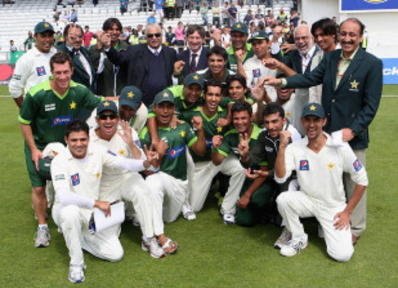 Salman Butt and his victorious outfit celebrate victory in his first game in charge, Pakistan v Australia, 2nd Test, Headingley, 4th day, July 24 2010