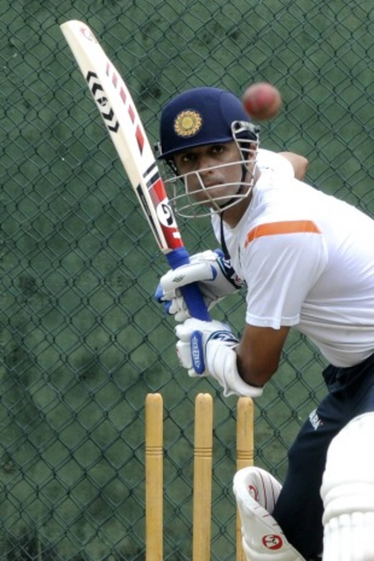 Rahul Dravid watches the ball closely during a net session, Colombo, July 24, 2010