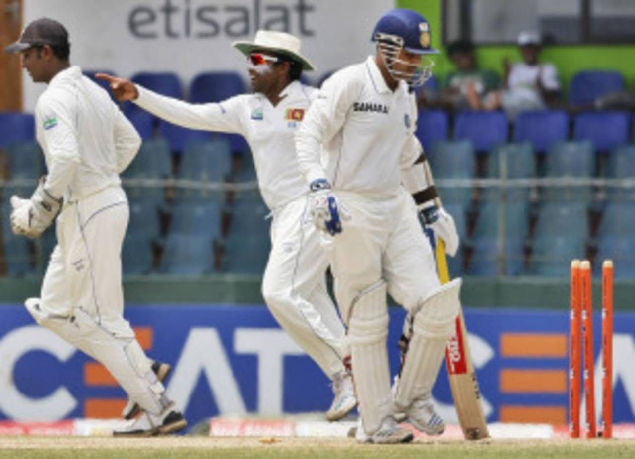 Virender Sehwag is out stumped for 99, Sri Lanka v India, 2nd Test, SSC, 3rd day, July 28, 2010