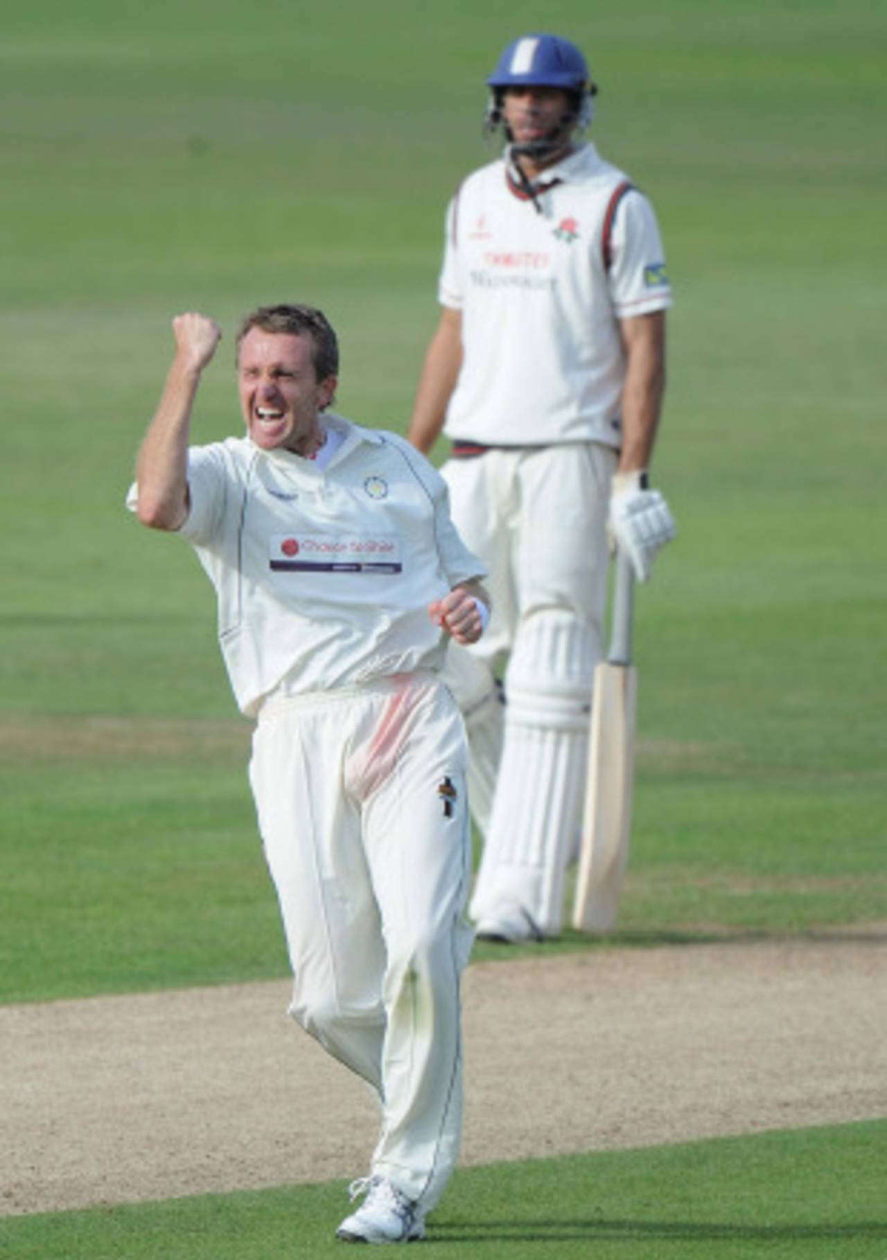 Dominic Cork celebrates picking up the late wicket of Shivnarine Chanderpaul, Hampshire v Lancashire, County Championship, Division One, Rose Bowl, July 29, 2010