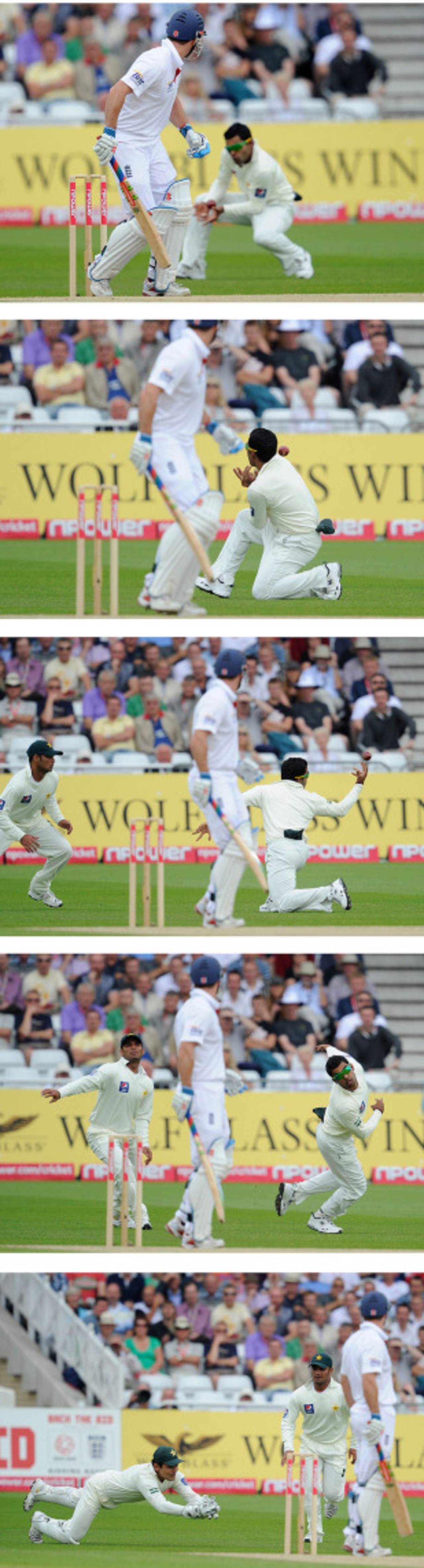 How it unfolded: Andrew Strauss edged to second slip, where Umar Akmal parried the ball up before it was caught by a diving Kamran Akmal, England v Pakistan, 1st Test, Trent Bridge, 3rd day, July 31, 2010