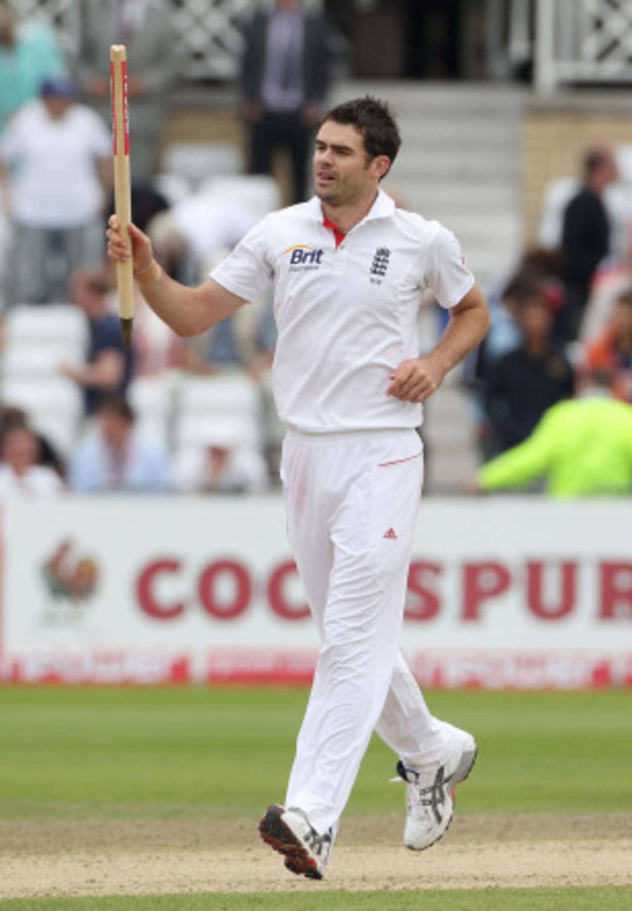 James Anderson collects a stump after taking his 11th wicket and sealing England's win, England v Pakistan, 1st Test, Trent Bridge, 1 August 2010