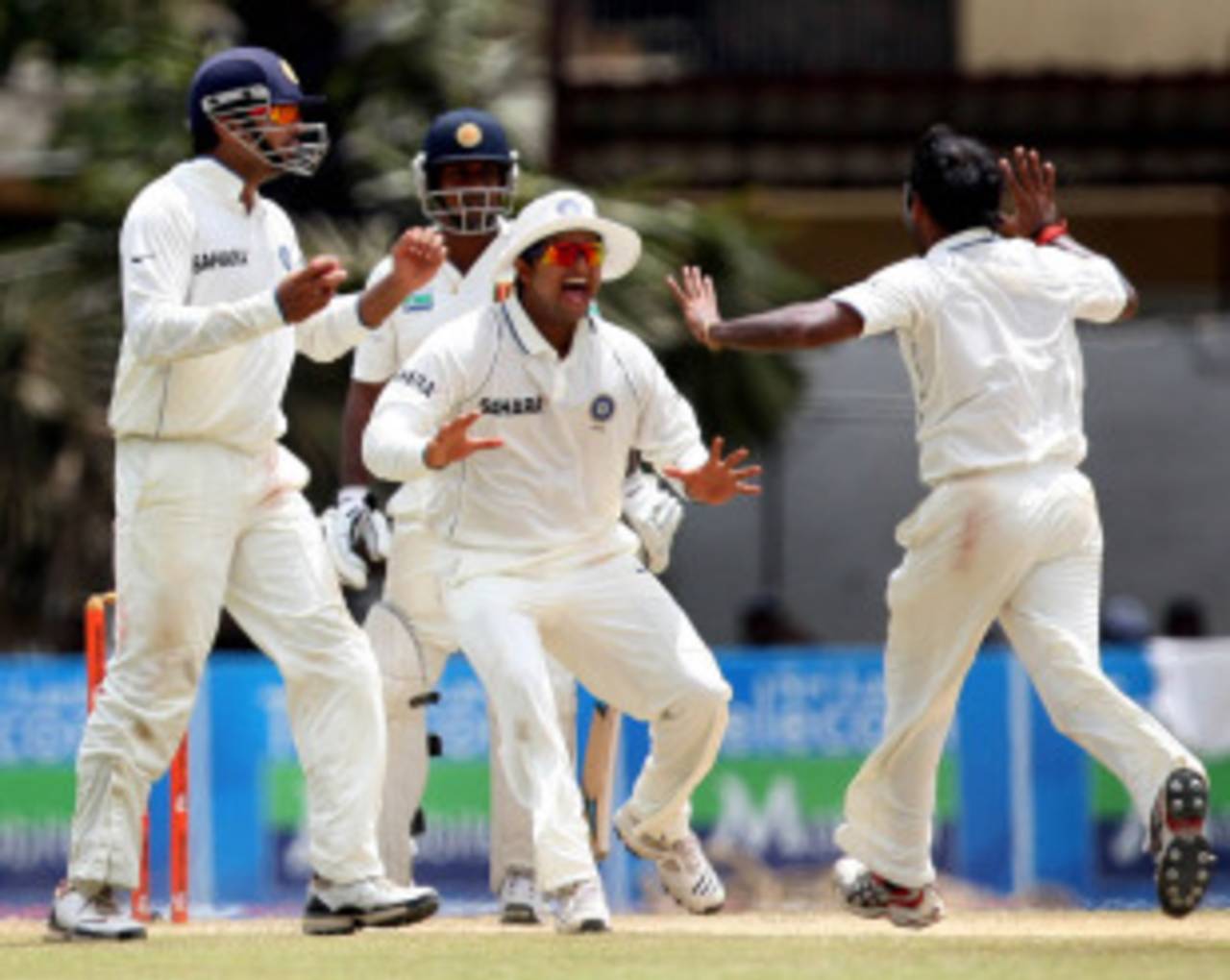 India's fielders are thrilled after Angelo Mathews gifted his wicket to Amit Mishra, Sri Lanka v India, 3rd Test, P Sara Oval, 4th day, August 6, 2010