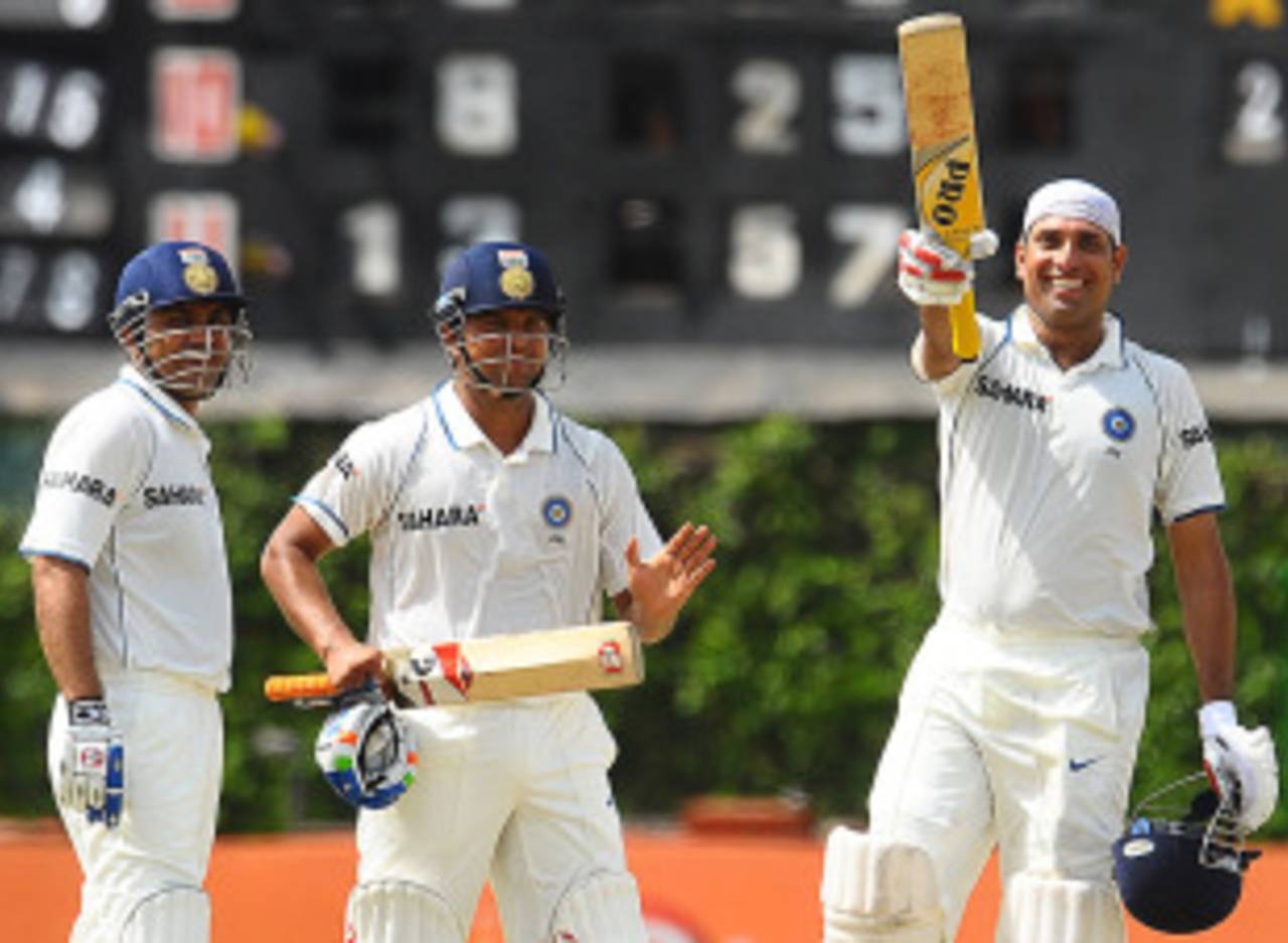 VVS Laxman celebrates his century with Suresh Raina and runner Virender Sehwag, Sri Lanka v India, 3rd Test, P Sara Oval, 5th day, August 7, 2010