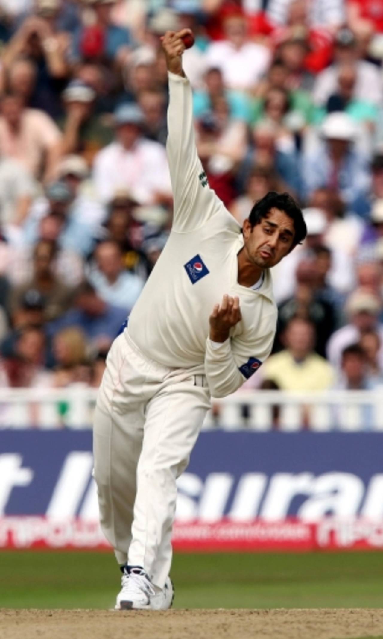 Saeed Ajmal bowled an impressive, but wicketless, spell before the rain returned, England v Pakistan, 2nd Test, Edgbaston, August 7, 2010`