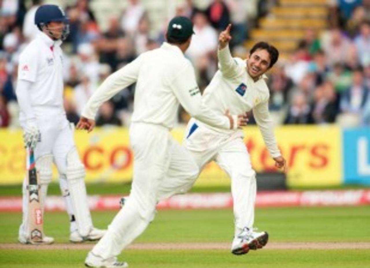 Saeed Ajmal enjoys the wicket of Paul Collingwood, England v Pakistan, 2nd Test, Edgbaston, August 7, 2010`