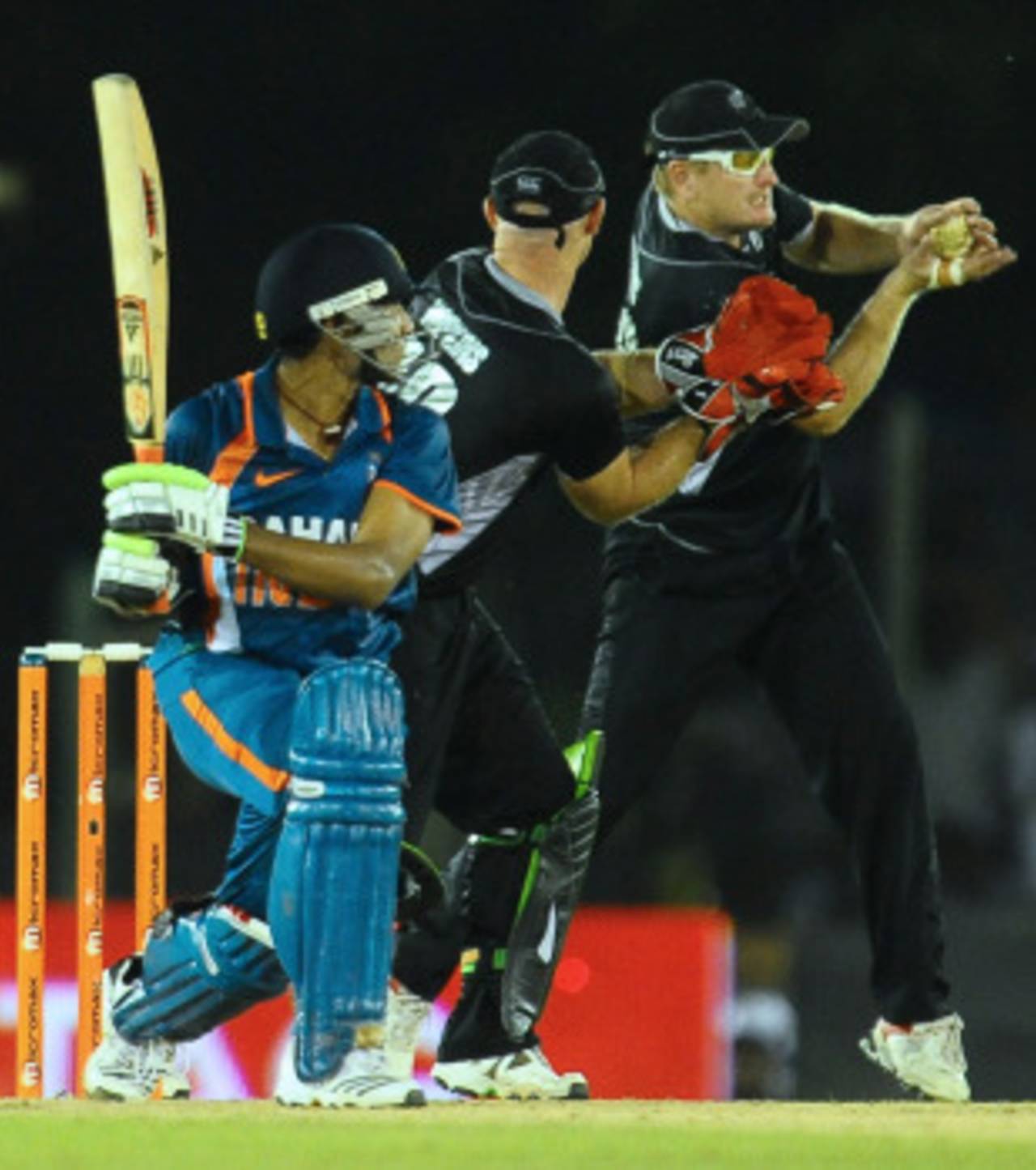 Ravindra Jadeja is caught at slip by Scott Styris, India v New Zealand, tri-series, 1st ODI, August 10, 2010