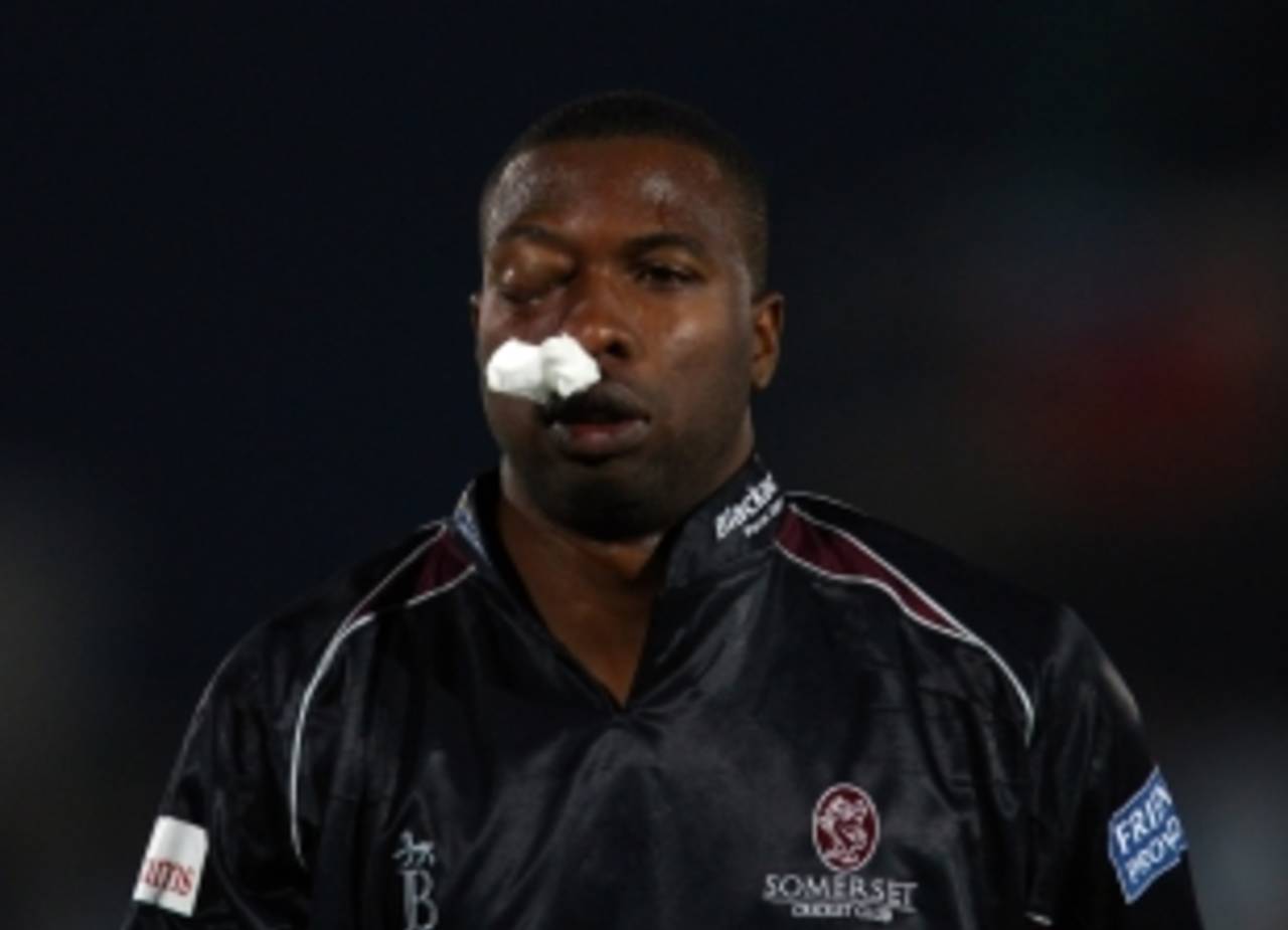 Despite being struck in the face by a bouncer from Dominic Cork Kieron Pollard was able to leave the field unassisted, Hampshire v Somerset, FP t20 Final, Rose Bowl, August 14 2010