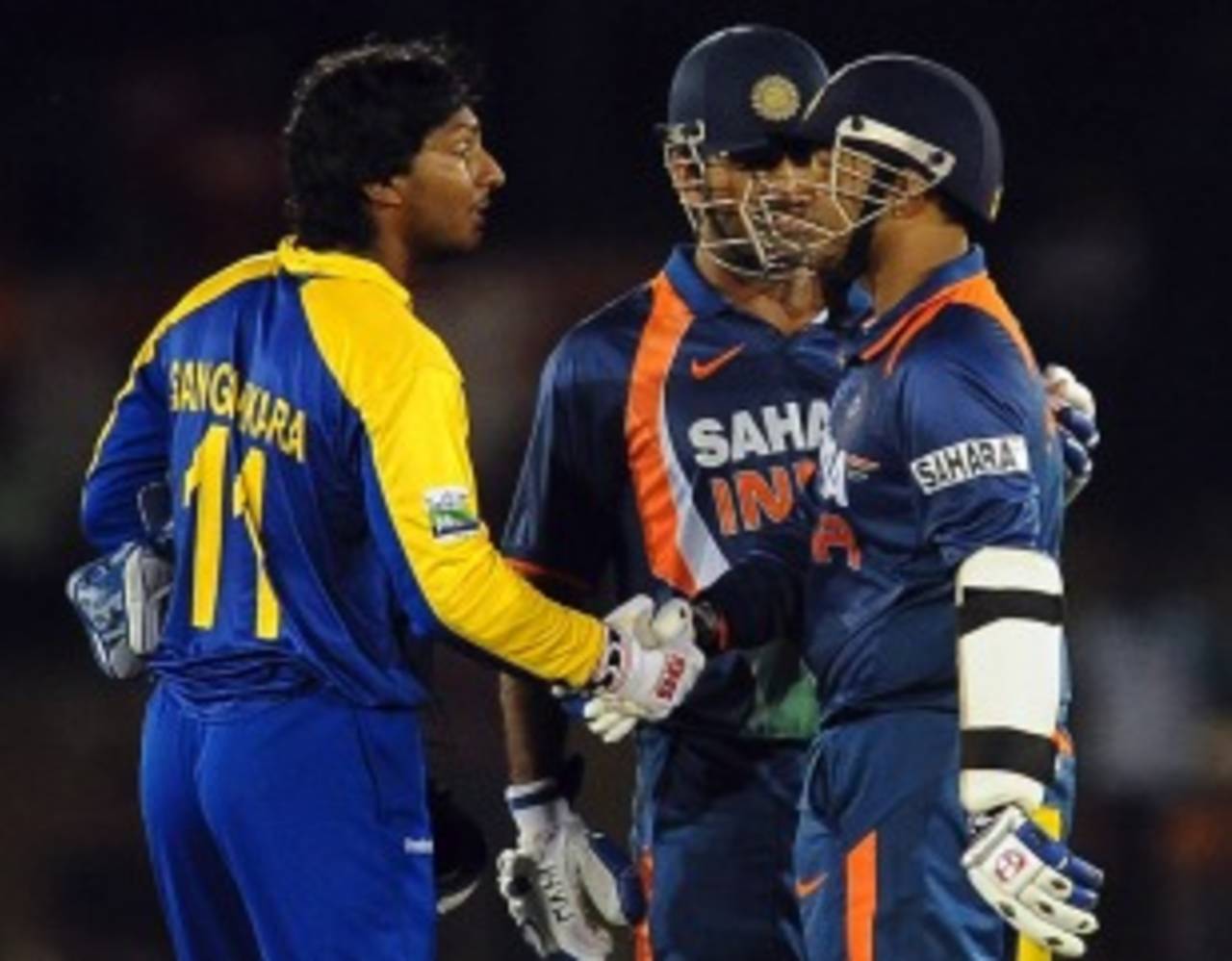 Kumar Sangakkara congratulates Virender Sehwag, Sri Lanka v India, tri-series, 3rd ODI, Dambulla, August 16, 2010