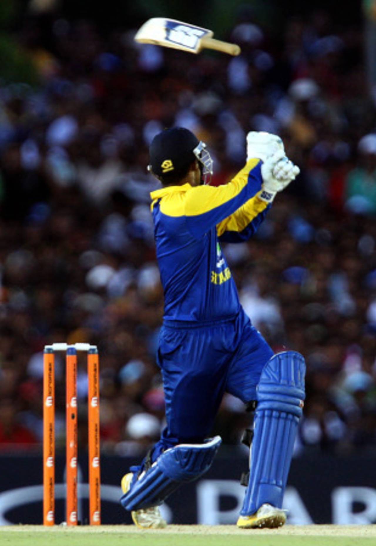 Chamara Silva heaves and watches his bat fly, Sri Lanka v India, tri-series final, Dambulla, August 28, 2010