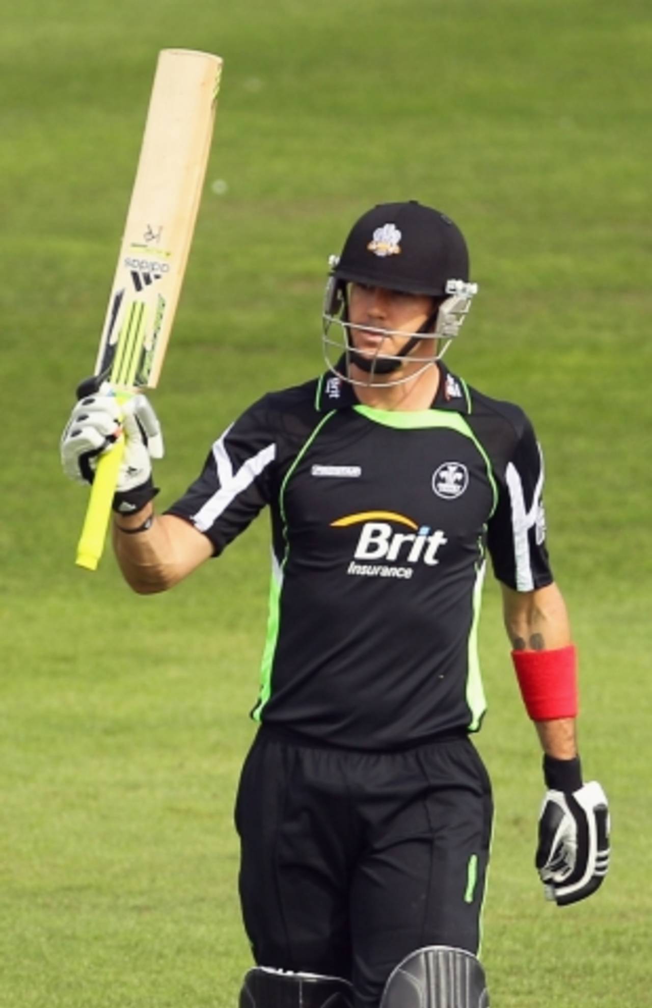 Kevin Pietersen raises his bat to acknowledge applause upon reaching his first hundred for Surrey, Sussex v Surrey, Clydesdale Bank 40, Hove, September 4 2010
