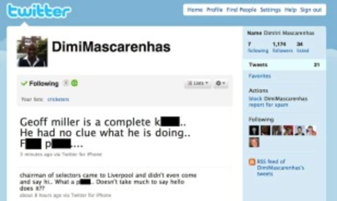 Dimitri Mascarenhas joins a growing list of sportsman to have been a little too frank over Twitter&nbsp;&nbsp;&bull;&nbsp;&nbsp;Twitter