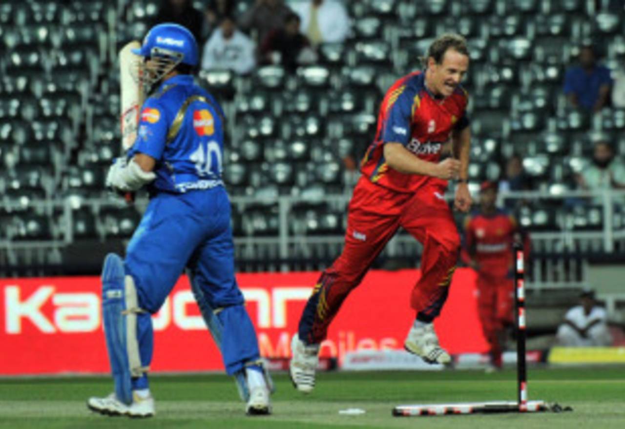 Shane Burger is delighted after dismissing Sachin Tendulkar, Lions v Mumbai, Champions League Twenty20, Johannesburg, September 10, 2010
