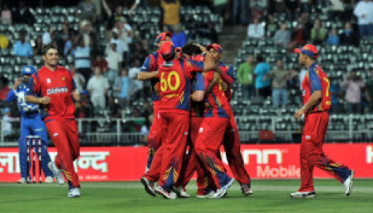 Lions celebrate their narrow win against Mumbai Indians, Lions v Mumbai, Champions League Twenty20, Johannesburg, September 10, 2010